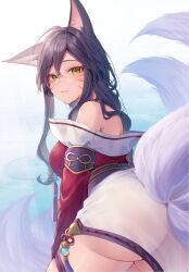 Rule 34 | 1girl, ahri (league of legends), animal ears, ass, bare shoulders, black hair, blush, closed mouth, commentary, cowboy shot, facial mark, fox ears, fox girl, fox tail, from behind, from side, hair between eyes, highres, lake, league of legends, long hair, looking at viewer, looking back, momoirone, multiple tails, outdoors, see-through, solo, standing, tail, water, water drop, wet, wet clothes, wet hair, whisker markings, yellow eyes