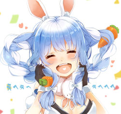 Rule 34 | 1girl, animal ear fluff, animal ears, blue hair, braid, carrot, closed eyes, confetti, don-/wbg, don-chan (usada pekora), facing viewer, heart, heart in mouth, highres, holding, holding own hair, hololive, laughing, multicolored hair, nira (vira), open mouth, playing with hair, rabbit ears, rabbit girl, sidelocks, solo, twin braids, twintails, two-tone hair, upper body, usada pekora, usada pekora (1st costume), virtual youtuber, white background