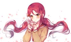 Rule 34 | 1girl, blush, brown sweater, cherry blossoms, floating hair, hair ornament, haruming, heart, heart hair ornament, highres, holding, long hair, love live!, love live! sunshine!!, red hair, sakurauchi riko, school uniform, shirt, simple background, smile, solo, sweater, twintails, uniform, upper body, very long hair, white background, white shirt, yellow eyes