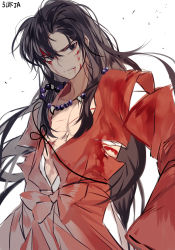 Rule 34 | 1boy, alternate form, black hair, blood, blood on face, brown eyes, clenched teeth, injury, inuyasha, inuyasha (character), inuyasha (human), long hair, male focus, necklace, open clothes, simple background, solo, sukja, teeth, torn clothes, white background