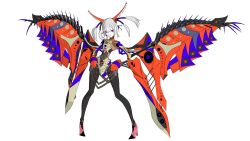 Rule 34 | 1girl, android, full body, grey hair, high heels, kirai demo suki, pale skin, palow, quad tails, red eyes, simple background, solo, throne.no.11 hal mia, white background, wings