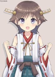 Rule 34 | 10s, 1girl, bare shoulders, blue eyes, brown hair, clenched hands, detached sleeves, fang, hairband, headgear, hiei (kancolle), japanese clothes, kantai collection, looking at viewer, nayuhi (yukimuu14), nontraditional miko, open mouth, ribbon-trimmed sleeves, ribbon trim, short hair, smile, solo