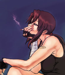 Rule 34 | 1girl, bandaged arm, bandages, bandaid, bandaid on arm, black lagoon, breasts, brown eyes, brown hair, cigarette, fingerless gloves, from side, gloves, gradient background, hand on own face, holding, holding cigarette, large breasts, long hair, low ponytail, nail polish, ponytail, profile, red nails, revy (black lagoon), sitting, smile, smoking, solo, tank top, youken