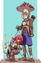 Rule 34 | 1boy, 1girl, :3, archer (ragnarok online), armored skirt, arrow (projectile), belt, blonde hair, blouse, blue background, blue shirt, blue shorts, boots, bow (weapon), brown belt, brown footwear, brown gloves, brown shirt, brown thighhighs, closed eyes, closed mouth, commentary request, full body, gloves, highres, holding, holding bow (weapon), holding weapon, long hair, long sleeves, looking at viewer, muneate, mushroom, open mouth, parted bangs, petite (ragnarok online), quiver, ragnarok online, red hair, shirt, short hair, short sleeves, shorts, smile, spore (ragnarok online), squatting, standing, thighhighs, weapon, white background, yanagimoto hikari
