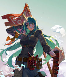 Rule 34 | 1girl, aqua hair, arknights, armband, belt, buming, from below, hand on hilt, highres, horns, hoshiguma (arknights), hoshiguma (ronin huntress) (arknights), long hair, looking at viewer, mask, official alternate costume, oni mask, single horn, smile, smirk, smoke, solo, wind, yellow eyes