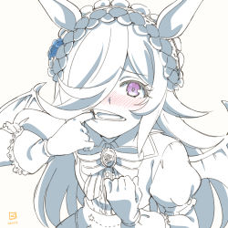 Rule 34 | 1girl, animal ears, artist logo, bat wings, blue flower, blue rose, blush, brooch, dated, dress, flower, frilled hairband, frills, gloves, grey background, hair over one eye, hairband, highres, horse ears, jewelry, long hair, looking at viewer, miyahara takuya, monochrome, mouth pull, neck ribbon, nose blush, official alternate costume, open mouth, puffy short sleeves, puffy sleeves, purple eyes, ribbon, rice shower (make up vampire!) (umamusume), rice shower (umamusume), rose, short sleeves, simple background, solo, spot color, teeth, umamusume, upper body, wings