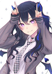 Rule 34 | 1girl, absurdres, black choker, blazer, blue horns, blue tail, blue wings, choker, closed mouth, collared shirt, demon girl, demon horns, demon tail, demon wings, dress shirt, finger horns, grey jacket, grey necktie, hair between eyes, highres, horns, houndstooth, ichinose uruha, jacket, kiiro (cocoa080), long hair, long sleeves, looking at viewer, mini wings, necktie, official alternate costume, open clothes, open jacket, school uniform, shirt, sleeves past wrists, smile, solo, tail, virtual youtuber, vspo!, white background, white shirt, wings