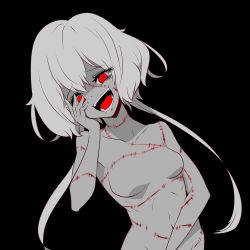 Rule 34 | 1girl, black background, colored skin, completely nude, evil smile, grey skin, hair between eyes, hand on own face, highres, konno junko, laughing, looking at viewer, low twintails, navel, no nipples, nude, open mouth, red eyes, scar, scar on face, scar on forehead, scar on neck, simple background, smile, solo, stitched arm, stitched face, stitched torso, stitches, teeth, tongue, twintails, upper body, white hair, yonedatomo mizu, zombie, zombie land saga