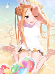 Rule 34 | 1girl, abigail williams (fate), abigail williams (swimsuit foreigner) (fate), abigail williams (swimsuit foreigner) (second ascension) (fate), absurdres, bare shoulders, barefoot, beach, black bow, blonde hair, blue eyes, bow, braid, braided bun, breasts, double bun, dress swimsuit, fate/grand order, fate (series), forehead, hair bun, hat, highres, innertube, keyhole, long hair, looking to the side, mitre, mochian, multiple bows, one-piece swimsuit, one eye closed, open mouth, orange bow, parted bangs, shore, sidelocks, sitting, small breasts, smile, solo, swim ring, swimsuit, twintails, very long hair, wariza, white hat, white one-piece swimsuit