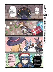 Rule 34 | &gt; &lt;, 3girls, animal ears, blonde hair, blue bow, blue bowtie, blue eyes, blue hair, bow, bowtie, box, cape, castle, ceiling, chicken (food), christmas, christmas present, comic, cup, dot nose, dress, drink, eating, eighth note, english text, faceless, food, from behind, fur trim, gift, gift box, gloves, hair between eyes, hat, hat ribbon, holding, holding cup, holding weapon, indoors, little witch nobeta, long hair, looking at viewer, monica (little witch nobeta), multiple girls, musical note, night, night sky, no eyes, no nose, nobeta, official art, purple cape, purple hat, purple thighhighs, quarter note, rabbit ears, red headwear, ribbon, santa hat, sky, speech bubble, staff, striped clothes, striped dress, tania (little witch nobeta), thighhighs, vertical-striped clothes, vertical-striped dress, very long hair, weapon, white gloves, witch hat