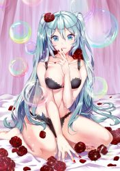 Rule 34 | 1girl, alternate costume, aqua eyes, aqua hair, barefoot, between legs, black bra, black panties, bra, breasts, breasts squeezed together, bubble, cleavage, closed mouth, collarbone, curtains, eyebrows, eyelashes, flower, hair between eyes, hair flower, hair ornament, hand between legs, hatsune miku, indoors, lace, lace-trimmed bra, lace-trimmed panties, lace trim, large breasts, lipstick, long hair, looking at viewer, makeup, maokezi, nail polish, navel, on bed, panties, petals, pink lips, red flower, red nails, red rose, rose, signature, sitting, smile, solo, sparkle, twintails, underwear, underwear only, very long hair, vocaloid, wariza