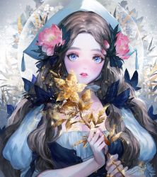 Rule 34 | 1girl, blue bow, blue eyes, blush, bow, breasts, brown hair, cleavage, danhu, flower, hair bow, hair flower, hair ornament, holding, holding flower, long hair, looking at viewer, original, parted lips, puffy sleeves, signature, solo, upper body, very long hair