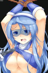 Rule 34 | 1girl, armpits, arms up, bdsm, blue eyes, blue gloves, blue hair, bondage, bound, bound arms, breasts, cutting clothes, gloves, goggles, heart, heart-shaped pupils, highres, knife, large breasts, long hair, no bra, open mouth, original, psychopath idiot, strapless, sweat, symbol-shaped pupils, tube top, upper body