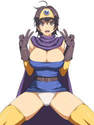 Rule 34 | 1girl, :d, abu, ahoge, belt, black gloves, black hair, breasts, cape, cleavage cutout, clothing cutout, commentary, commentary request, dragon quest, dragon quest iii, gloves, large breasts, looking at viewer, open mouth, orange thighhighs, panties, roto (dq3), short hair, simple background, smile, solo, thighhighs, underwear, white background