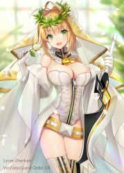 Rule 34 | 1girl, :d, aestus estus, blonde hair, blurry, blurry background, breasts, cleavage, commentary request, copyright name, depth of field, detached sleeves, fate/grand order, fate (series), flower, full-length zipper, green eyes, green flower, hair between eyes, hair intakes, head tilt, holding, holding flower, holding sword, holding weapon, juliet sleeves, kagachi saku, large breasts, leotard, long sleeves, nero claudius (bride) (fate), nero claudius (bride) (third ascension) (fate), nero claudius (fate), nero claudius (fate) (all), open mouth, puffy sleeves, sidelocks, smile, solo, strapless, strapless leotard, sunlight, sword, thighhighs, veil, weapon, white leotard, white thighhighs, wide sleeves, zipper