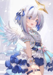 Rule 34 | 1girl, absurdres, amane kanata, angel wings, asymmetrical bangs, blue eyes, blue hair, blue wings, blush, bow, colored inner hair, eyes visible through hair, feathered wings, frills, gradient wings, grey hair, hair bow, hair over one eye, hair ribbon, halo, highres, hololive, juu p, looking at viewer, medium hair, mini wings, multicolored hair, multicolored wings, open mouth, pink hair, puffy short sleeves, puffy sleeves, ribbon, short sleeves, sidelocks, single hair intake, smile, solo, star halo, streaked hair, swept bangs, thigh strap, virtual youtuber, white wings, wings, wrist cuffs