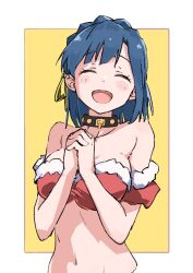 Rule 34 | 1girl, ^ ^, arm garter, bandeau, bare shoulders, belt, belt collar, black belt, blue hair, blush, border, bow, braid, breasts, cleavage, closed eyes, collar, collarbone, cropped torso, dot nose, fur-trimmed bandeau, hair bow, hair ribbon, hands up, highres, idolmaster, idolmaster million live!, idolmaster million live! theater days, interlocked fingers, medium breasts, midriff, nanao yuriko, navel, open mouth, outside border, own hands together, rauto, red bandeau, ribbon, short hair, simple background, smile, solo, upper body, white border, yellow background, yellow ribbon