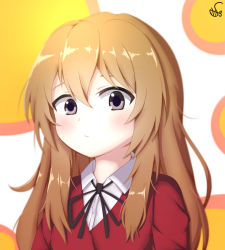 Rule 34 | 1girl, aisaka taiga, artist request, black ribbon, blush, brown eyes, brown hair, closed mouth, collared shirt, commentary request, eyebrows hidden by hair, female focus, hair between eyes, jacket, korean commentary, long hair, looking at viewer, multicolored background, neck ribbon, oohashi high school uniform, orange background, red jacket, ribbon, school uniform, shirt, signature, solo, toradora!, upper body, white background, white shirt, yellow background