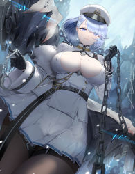 Rule 34 | 1girl, au11, azur lane, belt, black gloves, blue eyes, blue hair, breasts, chain, chain leash, chapayev (azur lane), cleavage, closed mouth, covered erect nipples, cuffs, eyes visible through hair, from below, fur, gloves, hair ornament, hair over one eye, hairclip, handcuffs, hat, highres, holding, holding chain, jacket, large breasts, leash, long sleeves, looking at viewer, looking down, military, military jacket, military uniform, miniskirt, mole, mole on breast, monster, pantyhose, peaked cap, pink lips, pleated skirt, pov, shael, short hair, skirt, smile, solo, thigh strap, thighband pantyhose, uniform, viewer on leash, white hat, white jacket, white skirt