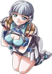 Rule 34 | 1girl, banpresto, belt, blue eyes, blush, braid, breast hold, breasts, cleavage, crossed arms, female focus, full body, gloves, hair ornament, hairclip, leaning forward, pilot suit, seolla schweizer, short hair, silver hair, simple background, sitting, skirt, solo, super robot wars, thighs