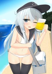 Rule 34 | 1girl, alcohol, beer, black thighhighs, blue eyes, blue hair, flat cap, gluteal fold, hat, hibiki (kancolle), highres, kantai collection, light blue hair, long hair, looking at viewer, one eye closed, shiruhino, swimsuit, thighhighs, thighs