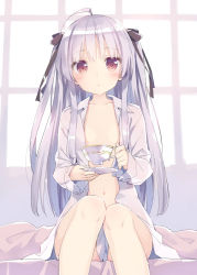 Rule 34 | 10s, 1girl, absolute duo, ahoge, blush, breasts, collarbone, cup, dress shirt, hair ribbon, kani biimu, long hair, looking at viewer, naked shirt, navel, open clothes, open shirt, purple eyes, red eyes, ribbon, saucer, shirt, silver hair, sitting, small breasts, solo, tea, teacup, two side up, yurie sigtuna