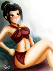 Rule 34 | 1girl, annoyed, armpits, arms at sides, artist request, avatar: the last airbender, avatar legends, azula, barefoot, bikini, bikini skirt, black hair, blush, breasts, brown eyes, clenched hands, collarbone, crossed legs, eyelashes, feet, female focus, hair bun, hand on own hip, legs, long hair, looking away, medium breasts, midriff, navel, neck, official alternate costume, outdoors, parted bangs, raised eyebrow, red bikini, shiny clothes, shiny skin, single hair bun, sitting, swimsuit, thighs, tsundere