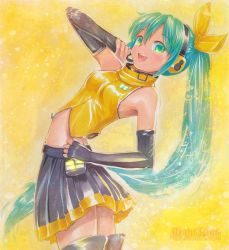 Rule 34 | 1girl, alternate hairstyle, aqua hair, artist name, elbow gloves, fingerless gloves, gloves, green eyes, hair ribbon, hand on own hip, hatsune miku, headset, long hair, mayo riyo, midriff, open mouth, ponytail, project diva, project diva (series), ribbon, skirt, solo, thighhighs, traditional media, very long hair, vocaloid, zettai ryouiki