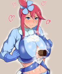 Rule 34 | 1girl, after paizuri, blue eyes, blue gloves, blush, breasts, breasts squeezed together, censored, cleavage, cleavage cutout, closed mouth, clothing cutout, creatures (company), cum, cum on body, cum on breasts, cum on clothes, cum on upper body, disembodied penis, game freak, gloves, gym leader, hair between eyes, hair ornament, hands up, heart, huge breasts, long hair, looking at viewer, mosaic censoring, namae ga kimaranai man, navel, nintendo, paizuri, penis, pokemon, pokemon bw, red hair, shiny clothes, simple background, skyla (pokemon), smile, solo focus, steaming body, upper body