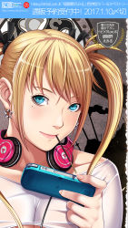 Rule 34 | 1girl, blonde hair, blue eyes, blush, cellphone, earrings, food, headphones, highres, holding, jewelry, looking at viewer, mole, mole under eye, mouth hold, original, phone, pocky, sei shoujo, solo, twintails