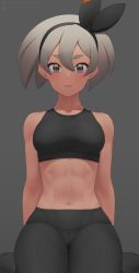 Rule 34 | 1girl, abs, arm support, arms behind back, bare arms, bea (pokemon), black hairband, black leggings, black sports bra, blush, bow hairband, breasts, closed mouth, commentary request, creatures (company), eyelashes, game freak, grey background, grey eyes, hair between eyes, hairband, leggings, looking at viewer, muscular, muscular female, navel, nintendo, pokemon, pokemon swsh, putcher, simple background, sitting, solo, sports bra, watermark, web address