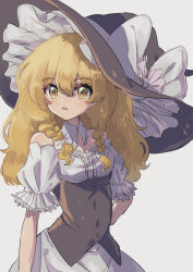 Rule 34 | 1girl, apron, black hat, blonde hair, blush, bow, commentary request, corset, cowboy shot, detached collar, frilled hat, frills, grey background, hair between eyes, hat, hat bow, kirisame marisa, long hair, looking at viewer, off-shoulder shirt, off shoulder, open mouth, shirt, simple background, solo, touhou, waist apron, white apron, white bow, white shirt, witch hat, y kirisame sk, yellow eyes