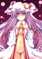 Rule 34 | 1girl, blush, breasts, cleavage, female focus, gradient background, hat, ibuki pon, long hair, open clothes, panties, patchouli knowledge, purple eyes, purple hair, solo, touhou, underwear, undressing