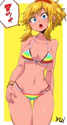 Rule 34 | 1girl, aono3, arm behind back, bikini, blonde hair, blue eyes, bracelet, breasts, character name, collarbone, commentary, cowboy shot, gluteal fold, groin, hair ornament, hair scrunchie, halterneck, hand on thigh, head tilt, highres, idolmaster, idolmaster cinderella girls, idolmaster cinderella girls starlight stage, jewelry, leaning to the side, looking at viewer, medium breasts, medium hair, multicolored stripes, navel, ohtsuki yui, open mouth, outside border, ponytail, rainbow bikini, red scrunchie, scrunchie, solo, standing, string bikini, striped bikini, striped clothes, swimsuit, tan, thigh gap, thighs, translated, yellow background