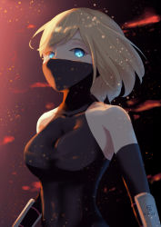 Rule 34 | 1girl, absurdres, alternate costume, arm guards, arms at sides, bare shoulders, black gloves, blonde hair, blue eyes, breasts, covered collarbone, covered navel, elbow gloves, expressionless, fire, gloves, highres, hololive, hololive english, impossible clothes, looking at viewer, mask, medium breasts, medium hair, mouth mask, ninja, poisonpotato101, simple background, solo, swept bangs, taut clothes, turtleneck, upper body, virtual youtuber, watson amelia