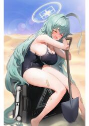 Rule 34 | 1girl, absurdres, abydos high school swimsuit, ahoge, aqua hair, bandaid, bandaid on arm, bandaid on leg, bare legs, barefoot, black one-piece swimsuit, blue archive, blush, border, breasts, cleavage, closed eyes, commentary request, dessert, food, halo, highres, hot, large breasts, long hair, one-piece swimsuit, open mouth, outdoors, school swimsuit, seewlee, shovel, sitting, sitting on object, solo, swimsuit, very long hair, white border, yellow halo, yume (blue archive)