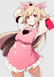 Rule 34 | 1girl, absurdres, bandaged wrist, bandages, blonde hair, cowboy shot, dress, grey background, hair ornament, hands up, hat, heart, highres, looking at viewer, natori sana, nurse, nurse cap, pink dress, puffy short sleeves, puffy sleeves, red eyes, reiga (act000), sana channel, shirt, short dress, short sleeves, simple background, smile, solo, standing, thighhighs, two side up, virtual youtuber, white shirt, white thighhighs