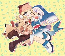 Rule 34 | 2girls, ascot, blonde hair, blue coat, blue eyes, blue socks, bright pupils, brown coat, brown footwear, brown headwear, brown pantyhose, coat, detective, fins, fish tail, gawr gura, highres, hololive, hololive english, hood, hood up, kitchupsandwich, long sleeves, multiple girls, one eye closed, open mouth, pantyhose, plaid, plaid skirt, pocket, pocket watch, red ascot, shark girl, shark tail, sharp teeth, shirt, skirt, sleeves past fingers, sleeves past wrists, socks, tail, teeth, virtual youtuber, watch, watson amelia, white footwear, white pupils, white shirt, yellow background