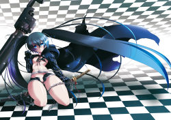 Rule 34 | 10s, 1girl, arm cannon, belt, black rock shooter, black rock shooter (character), breasts, c.r., chain, checkered floor, cleft of venus, coat, green hair, gun, highres, nipples, pussy, scar, solo, thick thighs, thighs, twintails, uncensored, unzipped, weapon