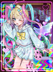 Rule 34 | 1girl, abstract background, blonde hair, blue bow, blue eyes, blue hair, blush, bow, cat, chouzetsusaikawa tenshi-chan, cowboy shot, english text, gaota, hair bow, hair ornament, heart, heart hair ornament, highres, holographic clothing, long hair, long sleeves, multicolored hair, multicolored nails, needy girl overdose, neon lights, one eye closed, open mouth, pill, pink bow, pink hair, pleated skirt, purple bow, quad tails, sailor collar, school uniform, serafuku, skirt, smile, solo, v, v over eye, very long hair, window (computing), yellow bow