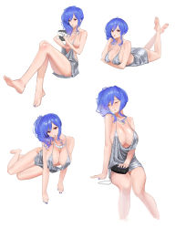 Rule 34 | 1girl, absurdres, areola slip, azur lane, backless dress, backless outfit, bare shoulders, barefoot, blue hair, blue nails, breasts, cleavage, closed eyes, downblouse, dress, earrings, evening gown, feet, grey dress, hair between eyes, hair ornament, hairclip, halter dress, halterneck, highres, jewelry, kawery, large breasts, looking at viewer, lying, multiple views, nail polish, necklace, no bra, on stomach, parted lips, plunging neckline, revealing clothes, side ponytail, sidelocks, silver dress, simple background, sitting, smile, soles, st. louis (azur lane), st. louis (luxurious wheels) (azur lane), thighs, toenail polish, toenails, white background