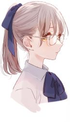 Rule 34 | 1girl, blue bow, blue neckwear, bow, collared shirt, ear focus, eyebrows hidden by hair, glasses, hair bow, highres, light brown hair, looking to the side, misumi (macaroni), orange eyes, original, parted lips, ponytail, profile, shadow, shirt, solo, white background, white shirt