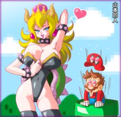 Rule 34 | 1boy, 1girl, areola slip, bare shoulders, blonde hair, blue eyes, blush, bowsette, breasts, cameltoe, cleavage, earrings, facial hair, hat, highres, jewelry, large breasts, leotard, long hair, looking at viewer, mario, mario (series), mustache, naughty face, new super mario bros. u deluxe, nintendo, open mouth, pointy ears, seductive smile, shiny skin, sky, smile, spiked shell, super crown, yamamoto doujin