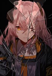Rule 34 | 1girl, armband, broken glass, brown hair, closed mouth, crossed bangs, girls&#039; frontline, glass, hair between eyes, hair ornament, headgear, hood, hood down, hooded jacket, jacket, long hair, looking at viewer, mod3 (girls&#039; frontline), necktie, one eye closed, one side up, prosthesis, prosthetic arm, scar, scar across eye, scar on face, shattered, shirt, sidelocks, silence girl, smile, ump45 (girls&#039; frontline), ump45 (mod3) (girls&#039; frontline), upper body, white shirt, yellow eyes, yellow neckwear