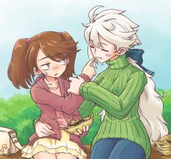 Rule 34 | 10s, 2girls, alternate costume, alternate hairstyle, bench, blush, blush stickers, brown eyes, brown hair, casual, collarbone, contemporary, day, denim, eating, eyebrows, closed eyes, green shirt, hair between eyes, hair ribbon, hand on another&#039;s hip, height difference, jacket, jeans, kantai collection, long hair, looking at another, miniskirt, multiple girls, outdoors, pants, pink shirt, ponytail, rasa, rasa (kanrokuan), ribbed sweater, ribbon, ryuujou (kancolle), shirt, silver hair, sitting, skirt, sweater, turtleneck, unryuu (kancolle)