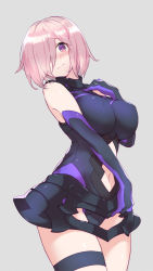 Rule 34 | 1girl, 3:, bare shoulders, black gloves, black leotard, black thighhighs, blush, breasts, closed mouth, clothing cutout, covered erect nipples, cowboy shot, elbow gloves, fate/grand order, fate (series), gloves, grey background, hair over one eye, hand on own chest, hand up, impossible clothes, inuchazuke, large breasts, leotard, light purple hair, looking at viewer, mash kyrielight, navel, navel cutout, pink hair, purple eyes, purple gloves, short hair, simple background, solo, standing, thighhighs, thighs