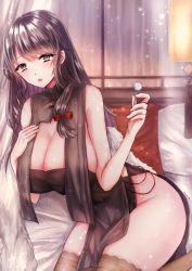 Rule 34 | 1girl, 3days lemon, absurdres, azur lane, breast curtains, breasts, brown thighhighs, charybdis (azur lane), charybdis (red chamber of healing) (azur lane), cleavage, feather boa, grey eyes, grey hair, hand on own chest, highres, huge breasts, indoors, leotard, leotard under clothes, long hair, mimikaki, no panties, official alternate costume, sleeveless, thighhighs