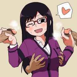Rule 34 | 10s, 1girl, 3boys, black eyes, black hair, blush, grabbing another&#039;s breast, breasts, grabbing, group sex, handjob, heart, long hair, multiple boys, one eye closed, open mouth, penis, uncensored, usami shiori, wink, world trigger