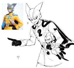 Rule 34 | ?, buttons, cape, closed mouth, double-breasted, dragon ball, dragon ball super, dragon ball super super hero, gamma 1, gamma 2, gloves, greyscale, itsuki (nightlight), jacket, long sleeves, male focus, monochrome, multiple boys, musical note, open mouth, reference inset, simple background, sketch, sweat
