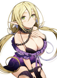 Rule 34 | 1girl, bare shoulders, blonde hair, blush, breasts, chain, cleavage, collar, dress, green eyes, hair between eyes, heart, heart-shaped pupils, highres, kitada mo, large breasts, long hair, looking at viewer, original, pointy ears, purple dress, purple thighhighs, simple background, solo, striped clothes, striped thighhighs, symbol-shaped pupils, thighhighs, torn clothes, torn thighhighs, twintails, vertical-striped clothes, vertical-striped thighhighs, white background